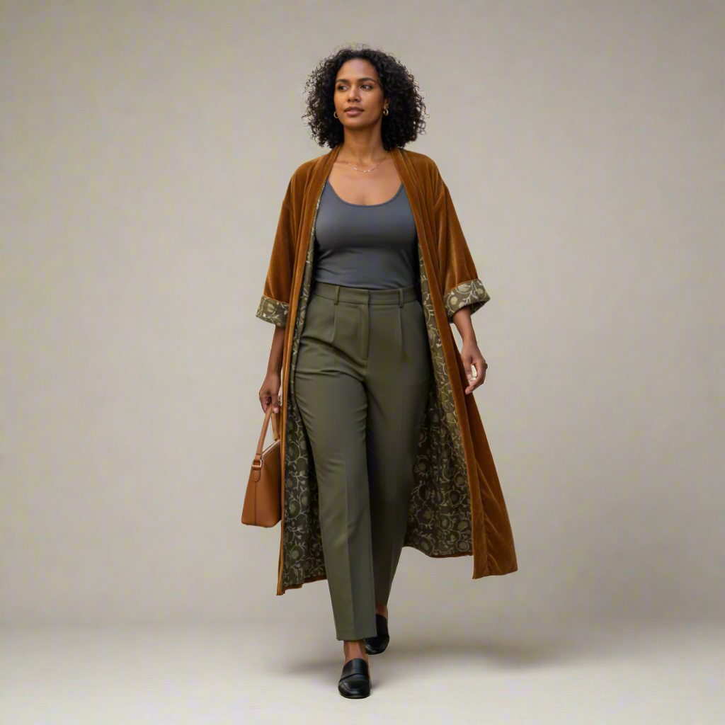 Cotton Velvet Dabu Kimono - Ochre Vine