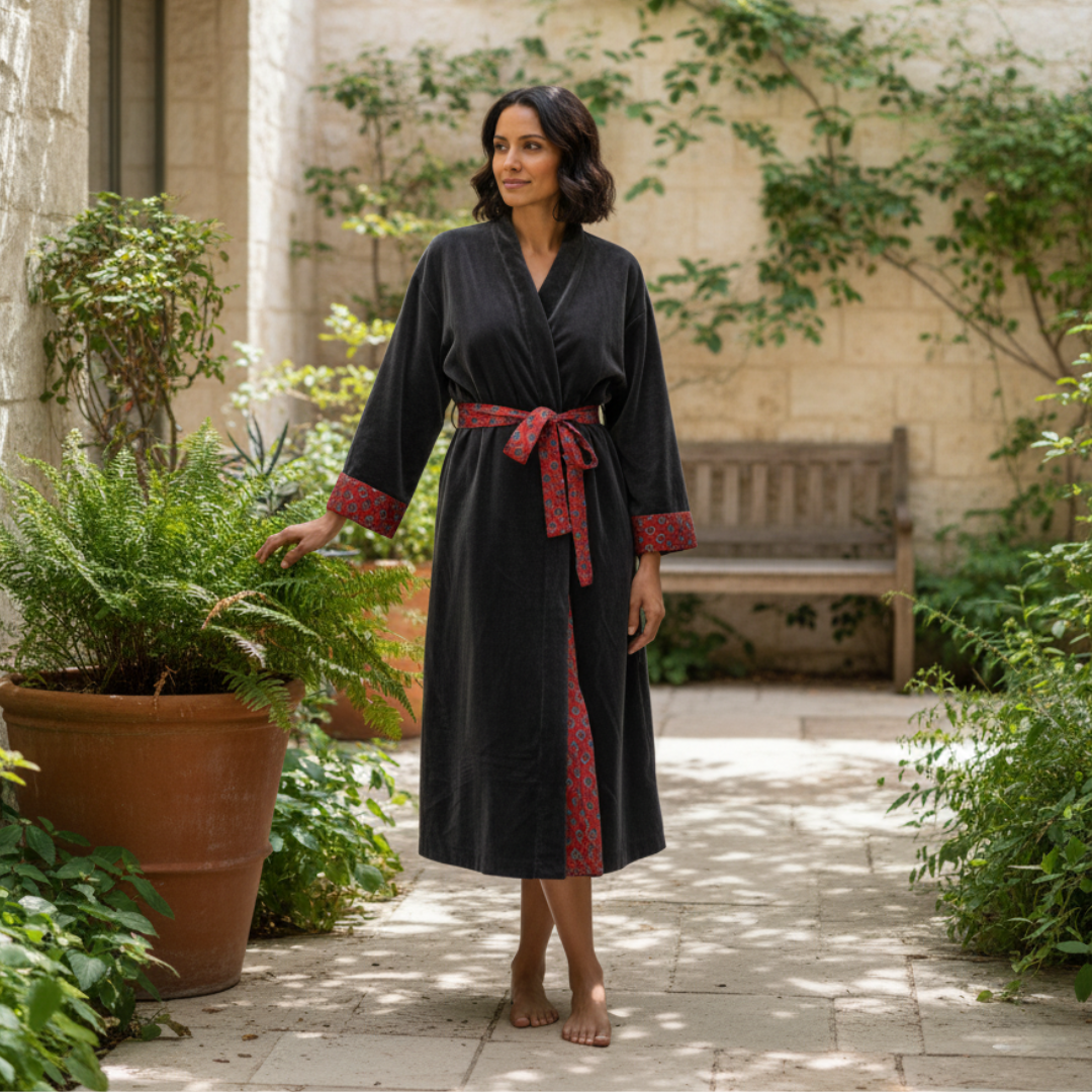 Cotton Velvet Dabu Kimono - Charcoal Plum