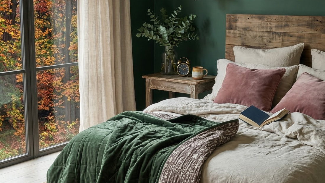 A cosy bedroom with a carelessly thrown eucalyptus green velvet quilt with a cotton printed reverse showing, along with sand velvet cushions, overlooking an autumnal scenery