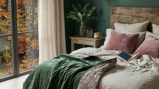 A cosy bedroom with a carelessly thrown eucalyptus green velvet quilt with a cotton printed reverse showing, along with sand velvet cushions, overlooking an autumnal scenery