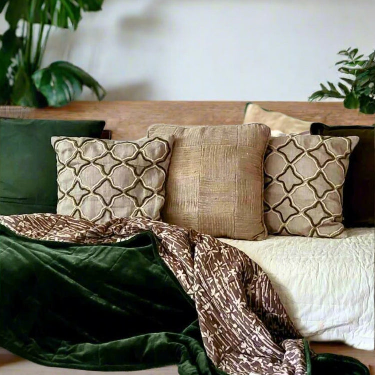 Palm Print & Stripe Cushions in Slate, Eucalyptus & Burnt Sienna tones