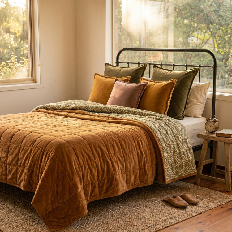 Ochre cotton velvet quilt layered on a bed with handprinted reverse fold-over detail, styled with earthy velvet cushion covers in mustard, olive and blush tones beside sunlit windows.