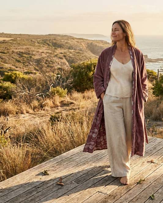 Cotton Velvet Dabu Kimono - Sand Drift