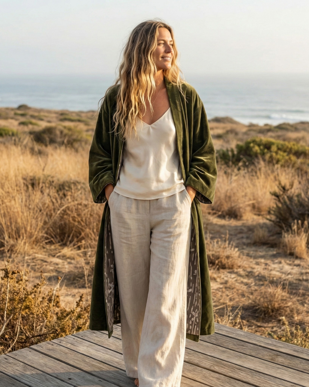 Cotton Velvet Dabu Kimono - Moss Earth