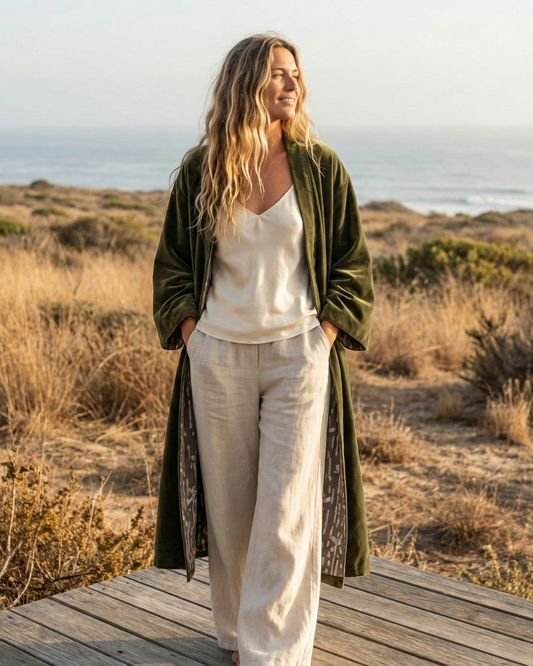 Cotton Velvet Dabu Kimono - Moss Earth