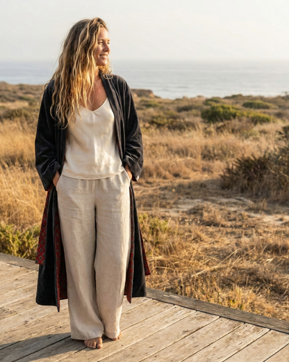 Charcoal Plum Velvet Kimono Coat - Reverse Dabu Cotton Inclusive