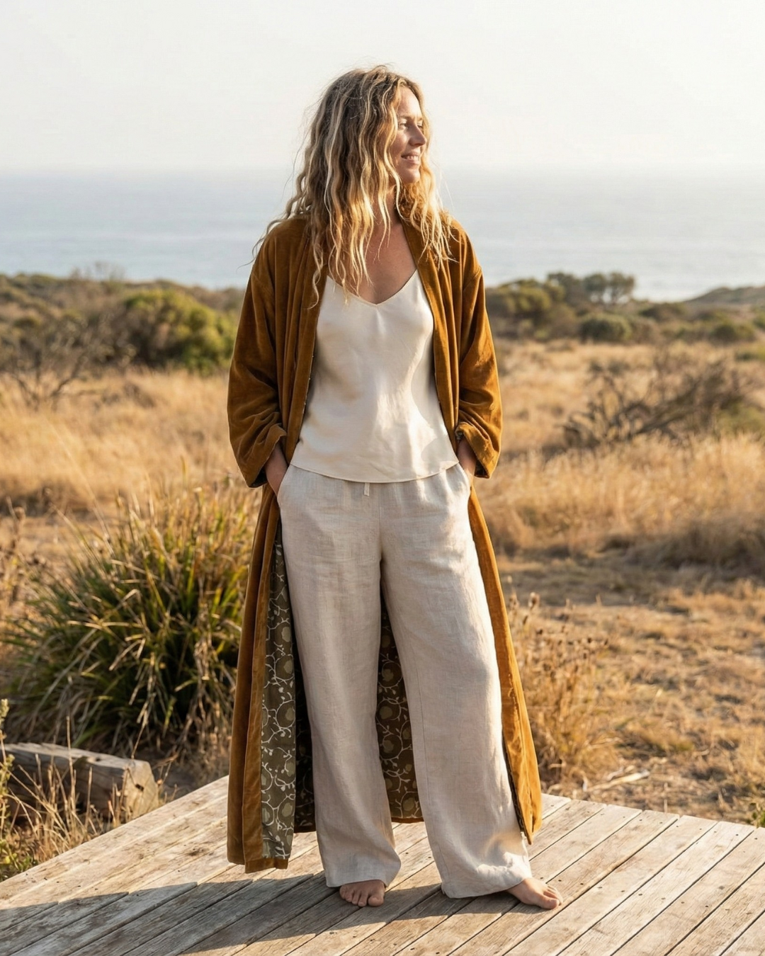 Cotton Velvet Dabu Kimono - Ochre Vine