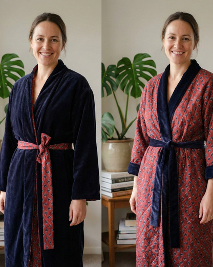 Charcoal Plum Velvet Kimono Coat - Reverse Dabu Cotton Inclusive