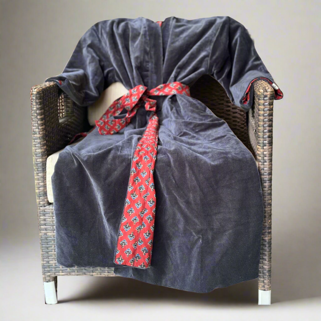 Cotton Velvet Dabu Kimono - Charcoal Plum