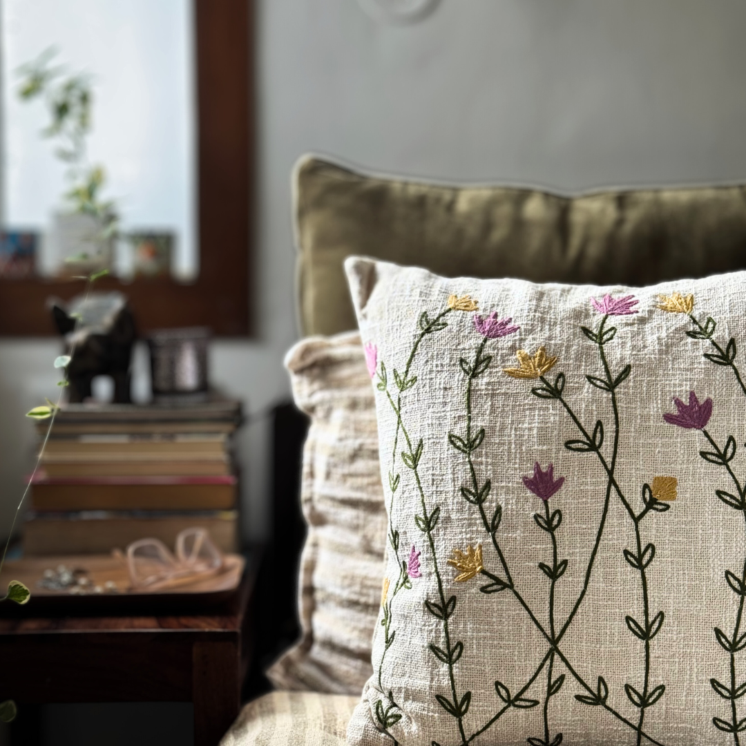 Wildflower Meadow - Embroidered Cushion Cover on Textured Cotton