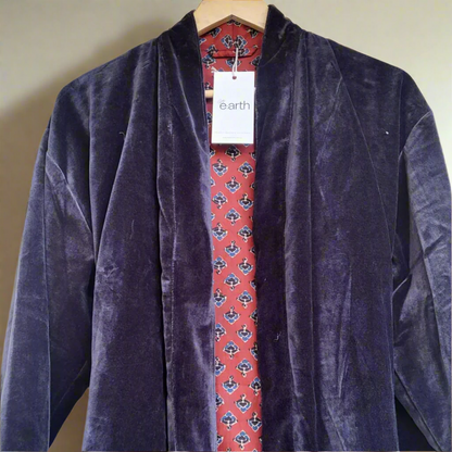 Charcoal Plum Velvet Kimono Coat - Reverse Dabu Cotton Inclusive