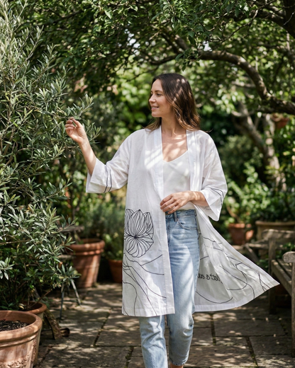 Wildflower Opal White Kimono | Embroidery on Organic Cotton