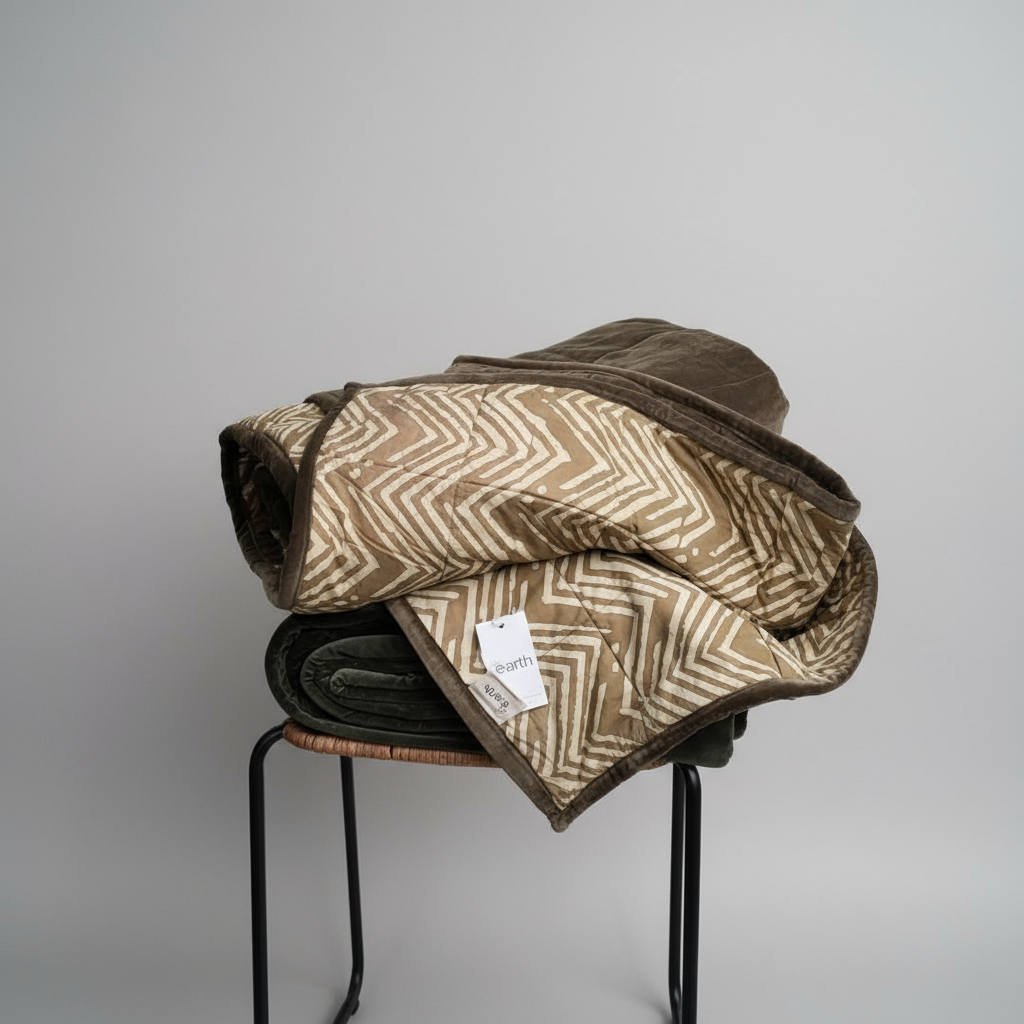 Folded blanket with geometric pattern on a stand against a white wooden panel background