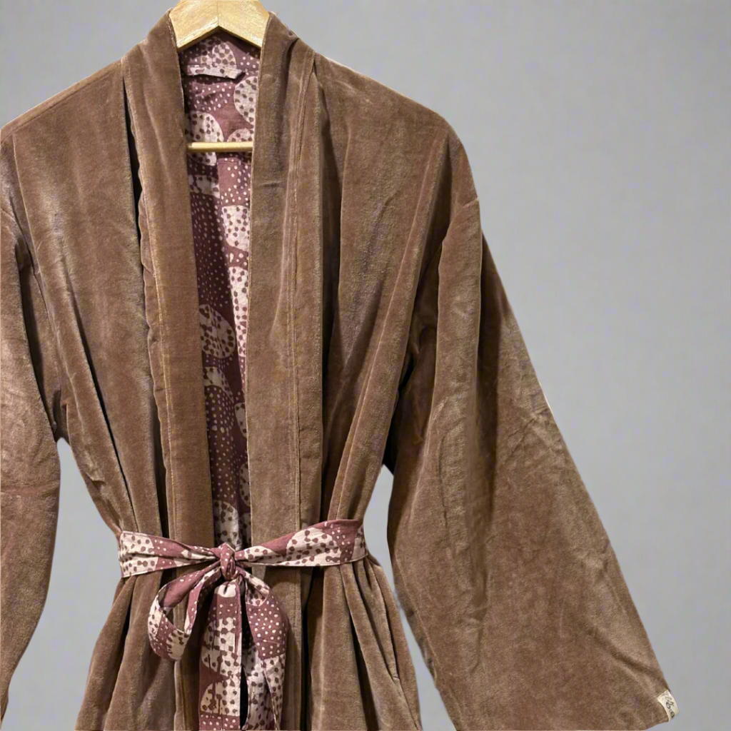 Cotton Velvet Dabu Kimono - Sand Drift