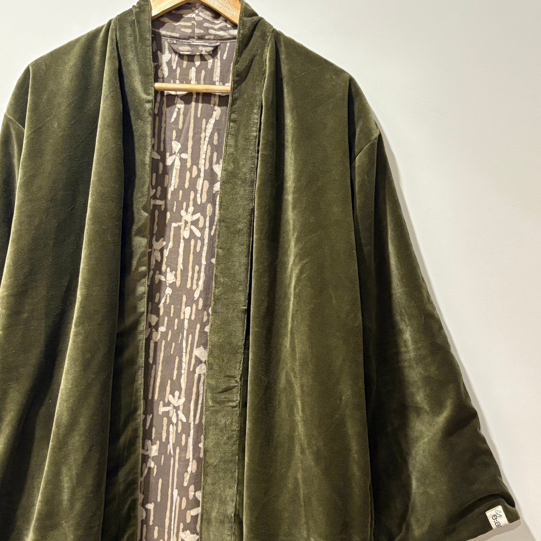 Cotton Velvet Dabu Kimono - Moss Earth