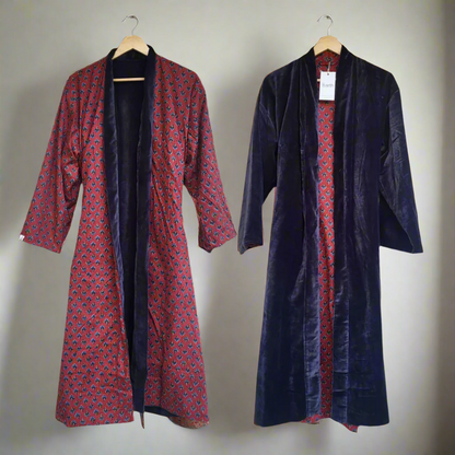 Charcoal Plum Velvet Kimono Coat - Reverse Dabu Cotton Inclusive
