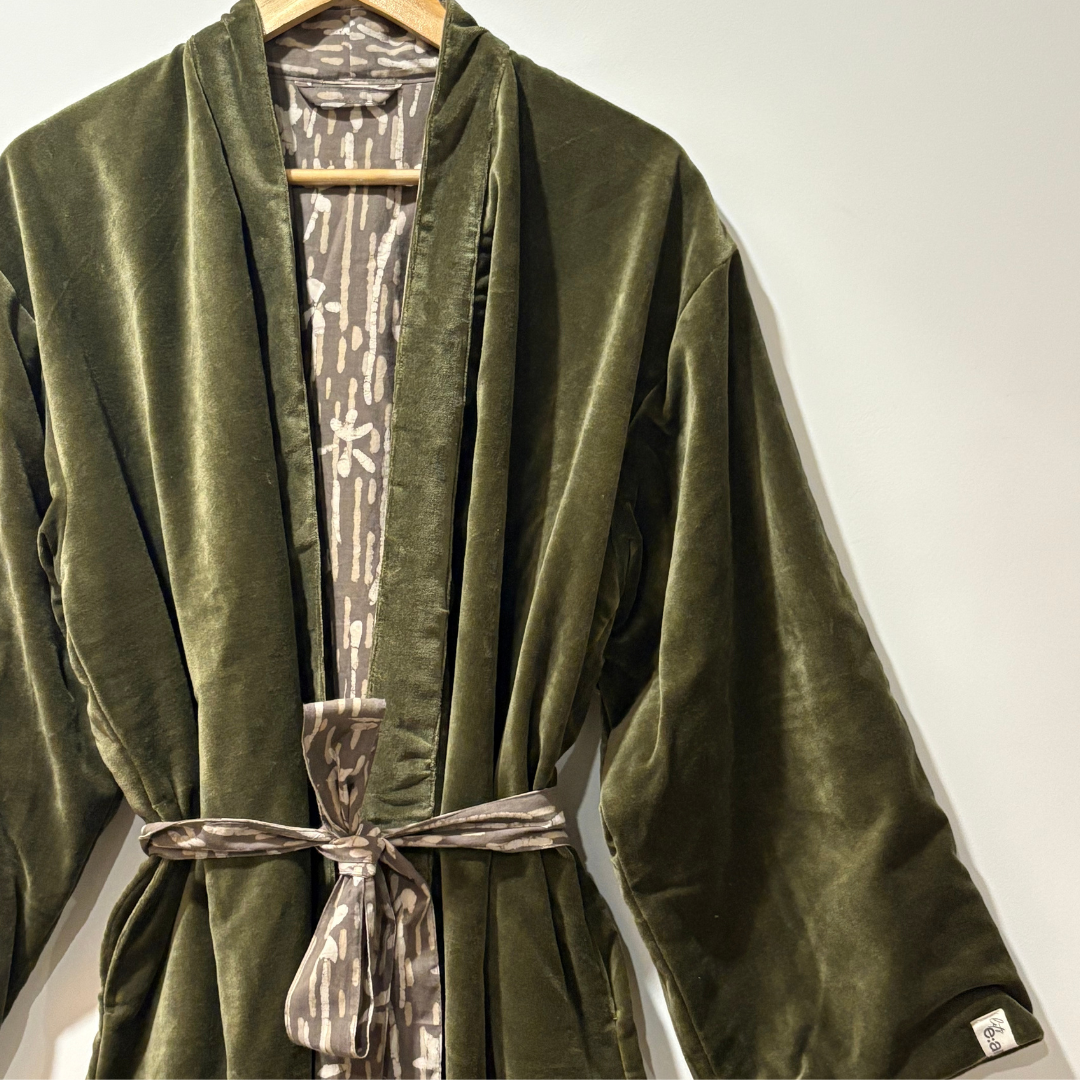 Cotton Velvet Dabu Kimono - Moss Earth