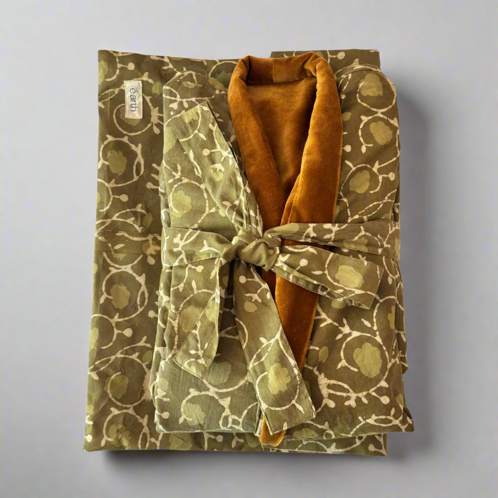 Cotton Velvet Dabu Kimono - Ochre Vine