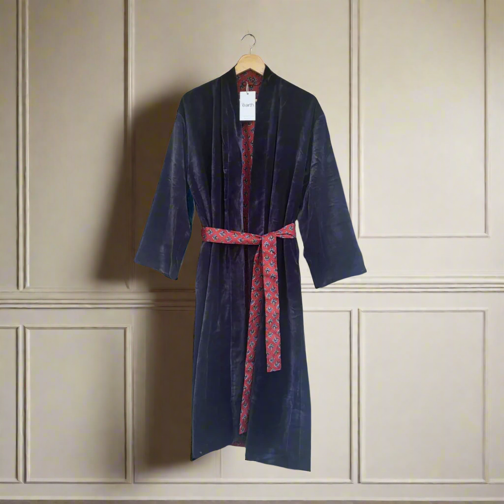 Cotton Velvet Dabu Kimono - Charcoal Plum