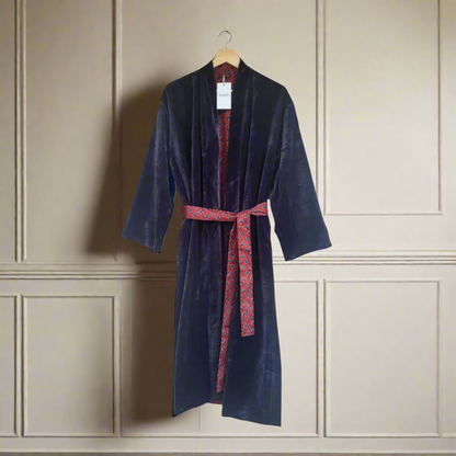 Charcoal Plum Velvet Kimono Coat - Reverse Dabu Cotton Inclusive