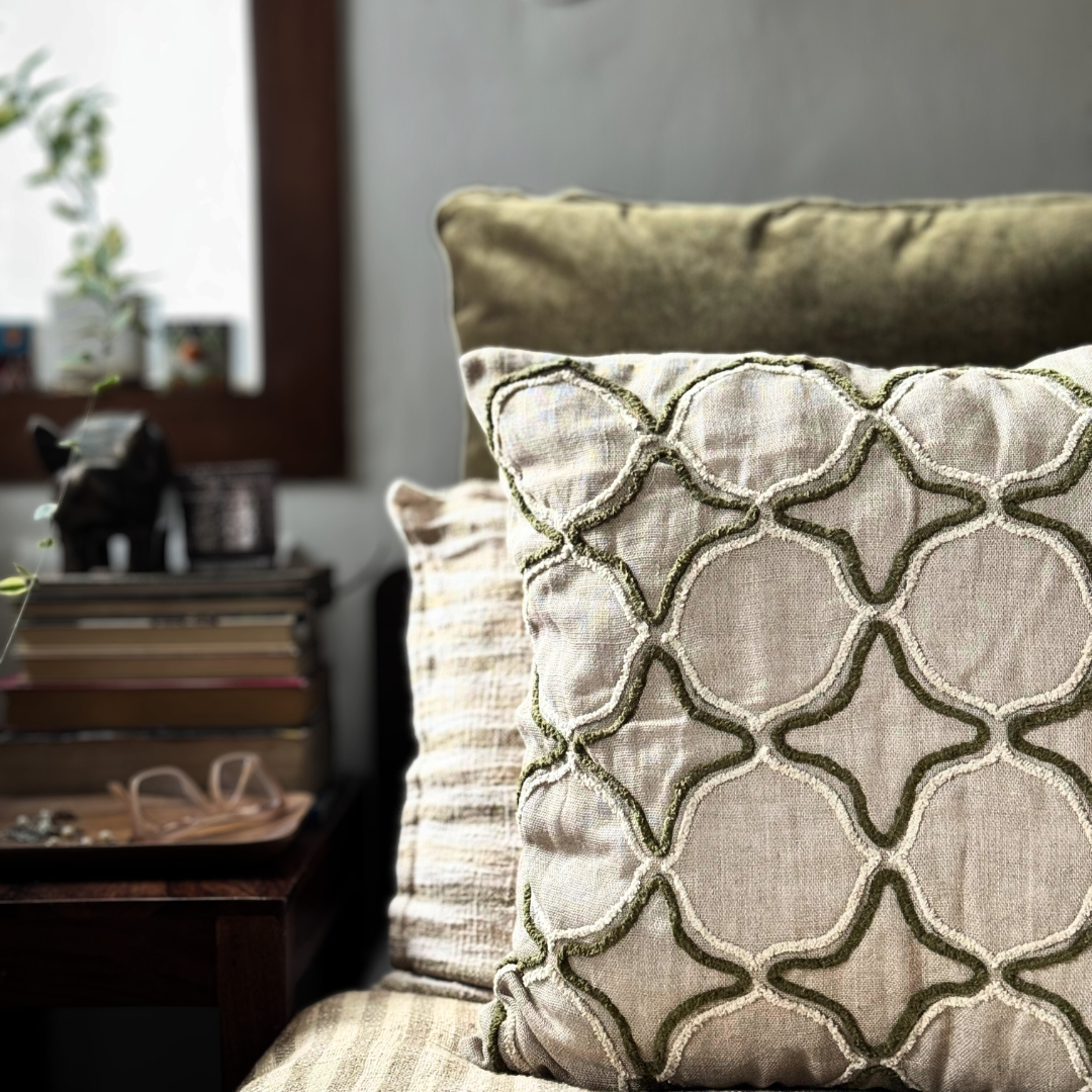 Lattice - Embroidered Cushion Cover on Textured Linen