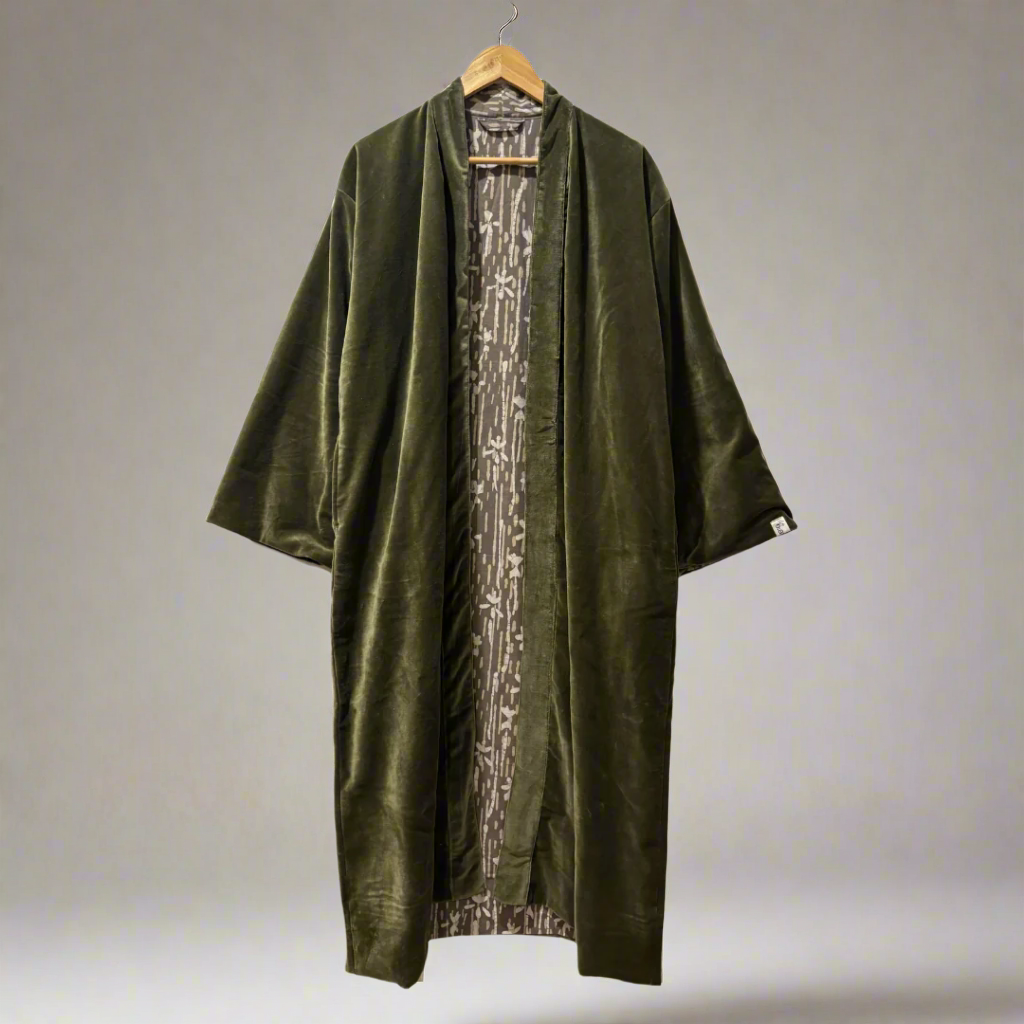 Cotton Velvet Dabu Kimono - Moss Earth