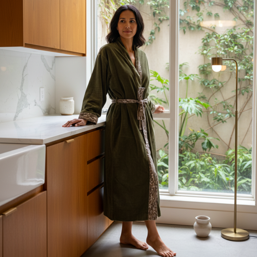 Cotton Velvet Dabu Kimono - Moss Earth