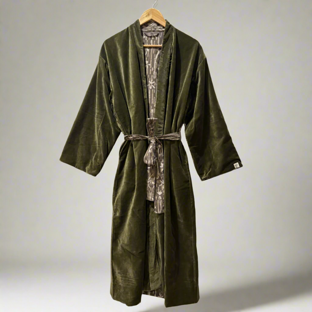 Cotton Velvet Dabu Kimono - Moss Earth