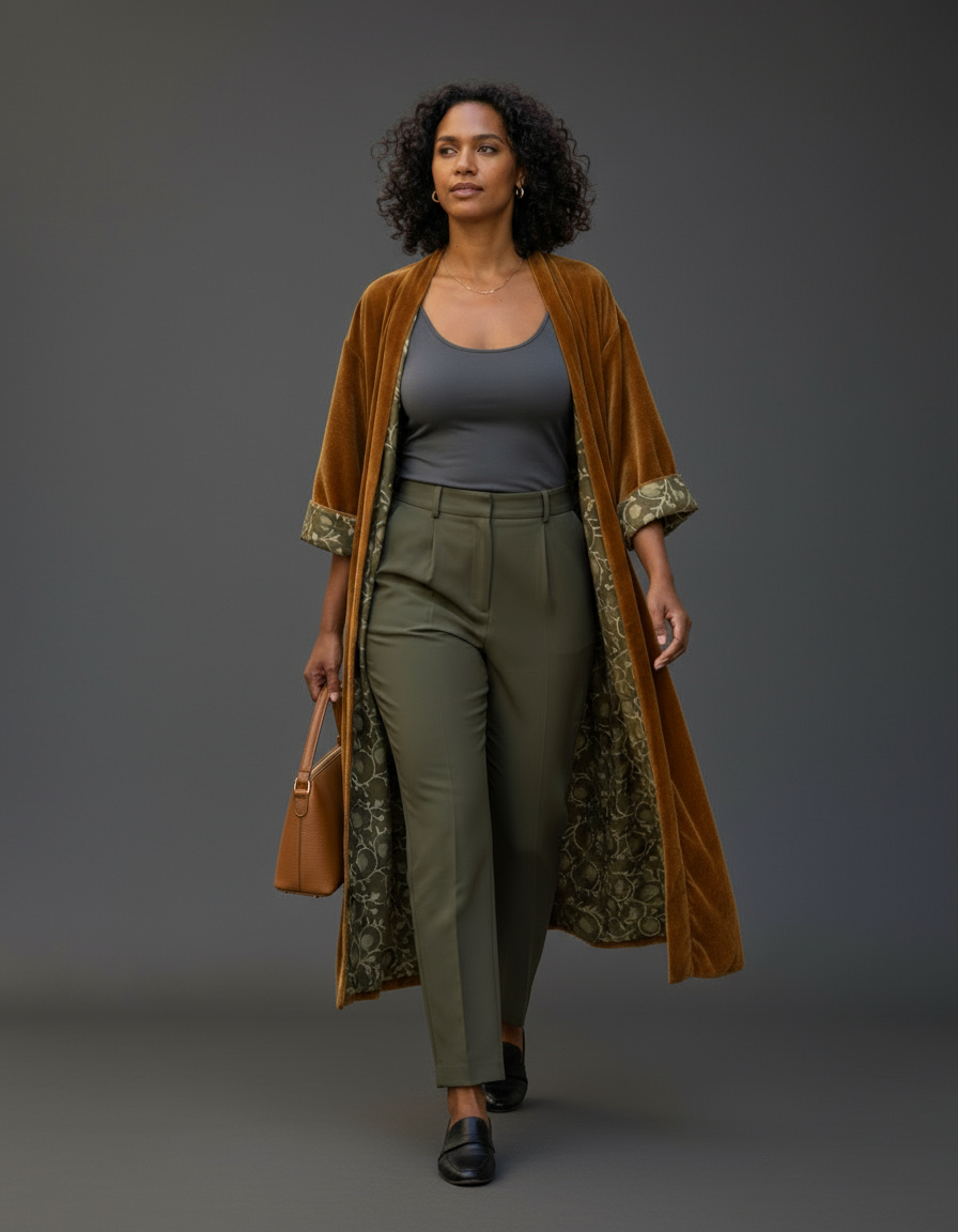 Cotton Velvet Dabu Kimono - Ochre Vine