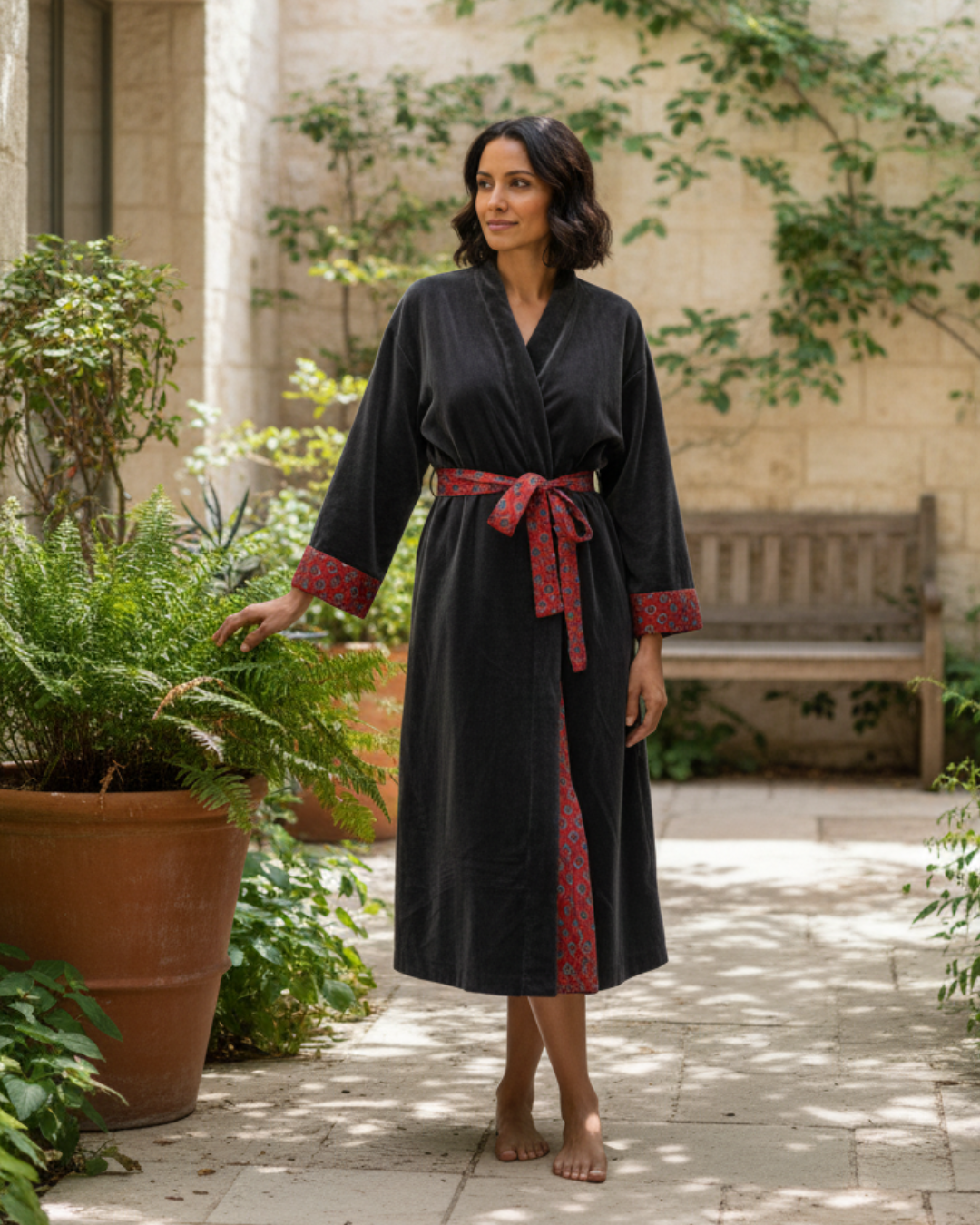 Cotton Velvet Dabu Kimono - Charcoal Plum