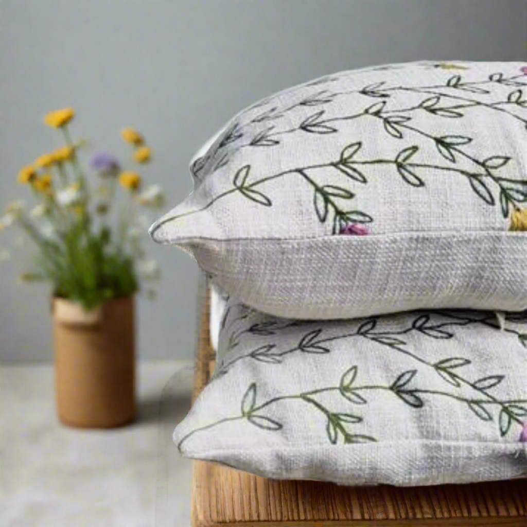 Wildflower Meadow - Embroidered Cushion Cover on Textured Cotton