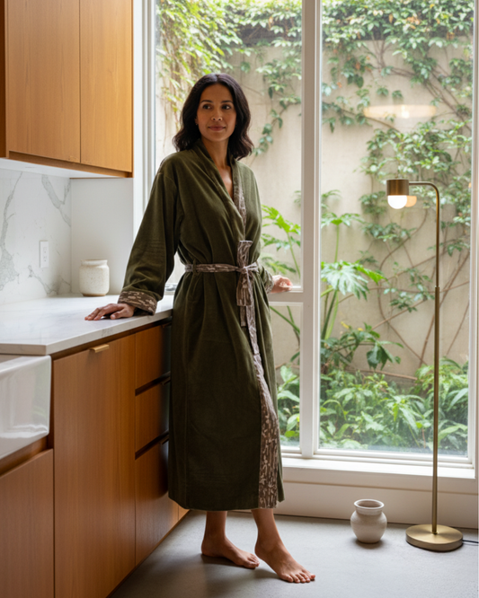 Cotton Velvet Dabu Kimono - Moss Earth