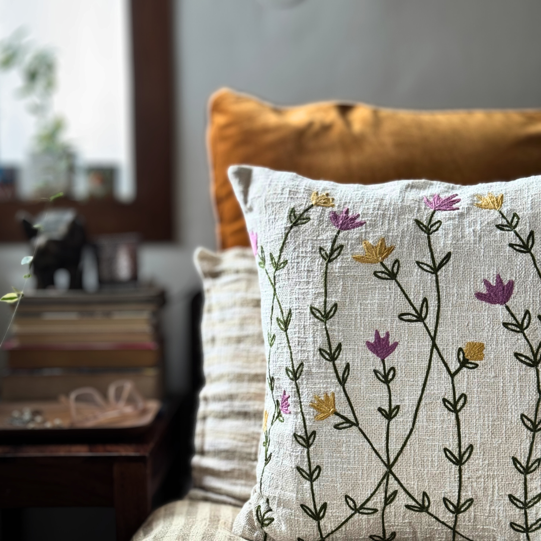 Wildflower Meadow - Embroidered Cushion Cover on Textured Cotton