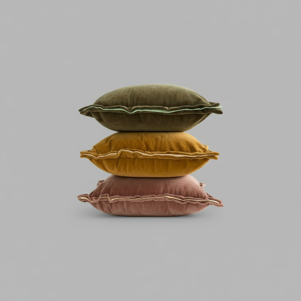 Three stacked cushions in green, yellow, and pink on a gray background