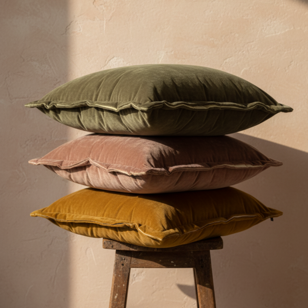 Three stacked velvet pillows in green, pink, and yellow on a wooden stool against a beige wall.
