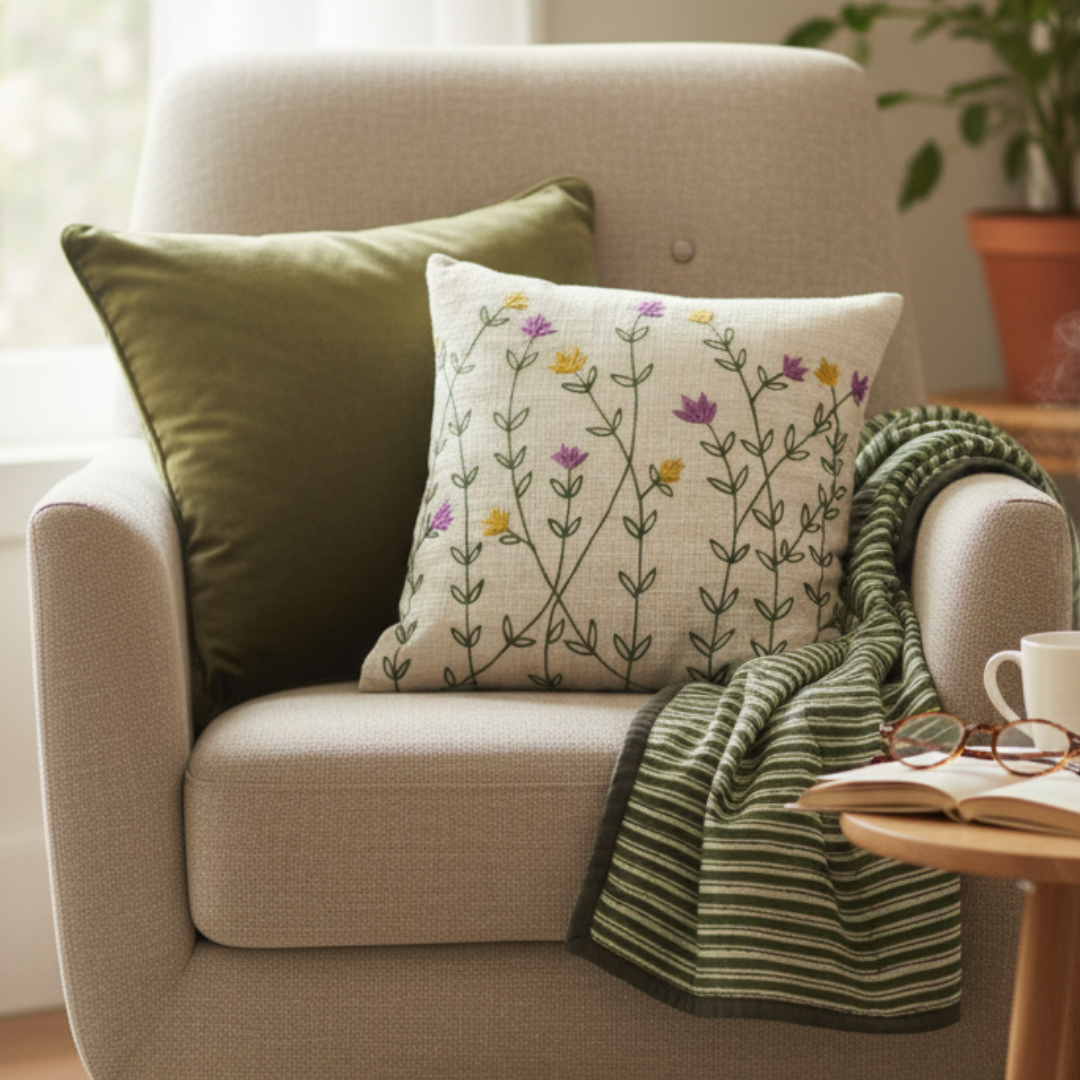 Wildflower Meadow - Embroidered Cushion Cover on Textured Cotton