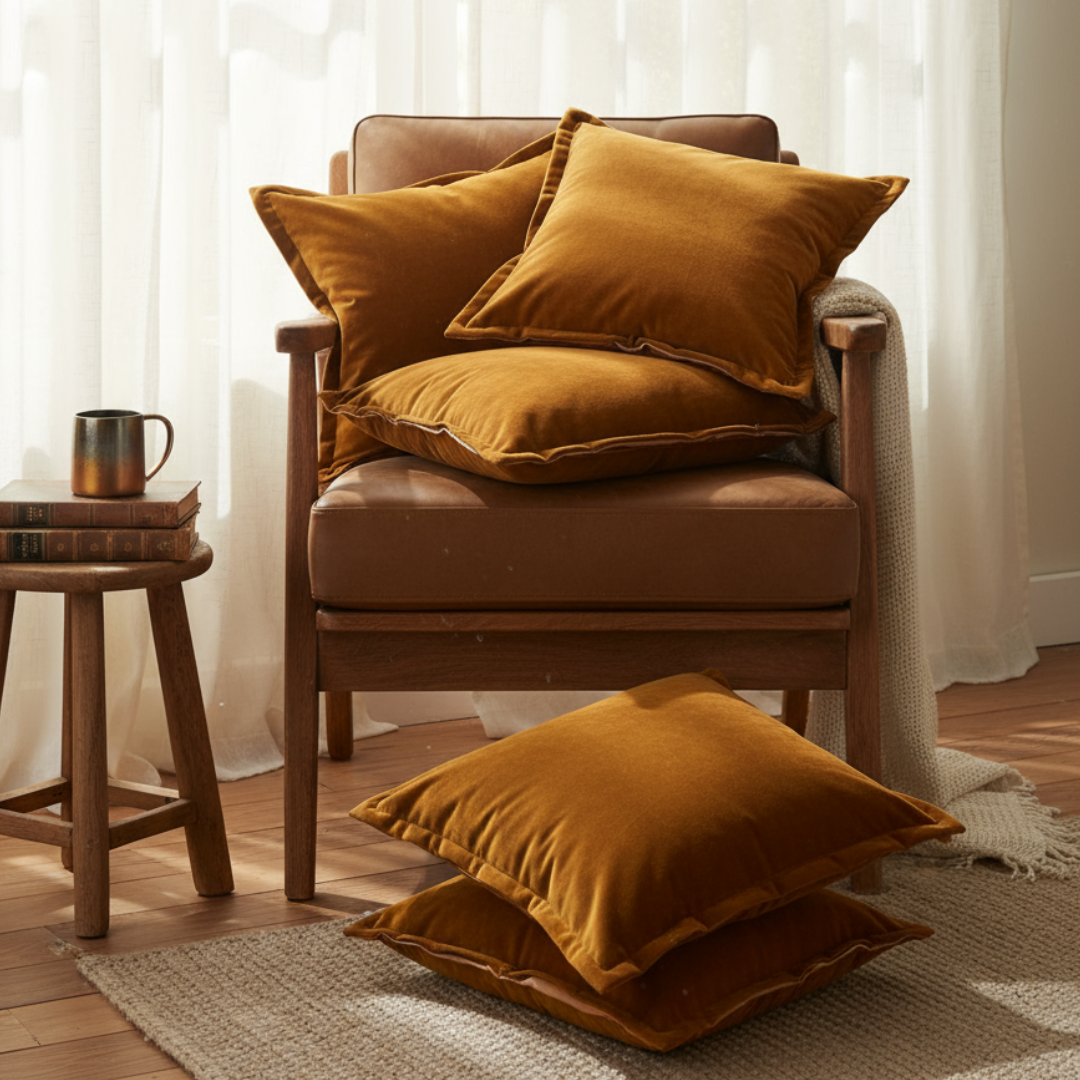 Brown armchair with mustard yellow cushions in a cozy room setting.