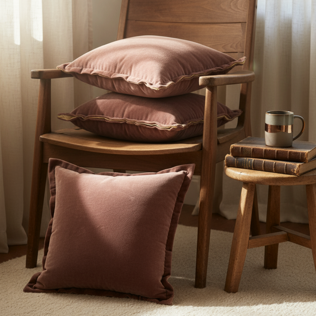 Wooden chair with pink cushions and a small table with books and a mug in a cozy room.