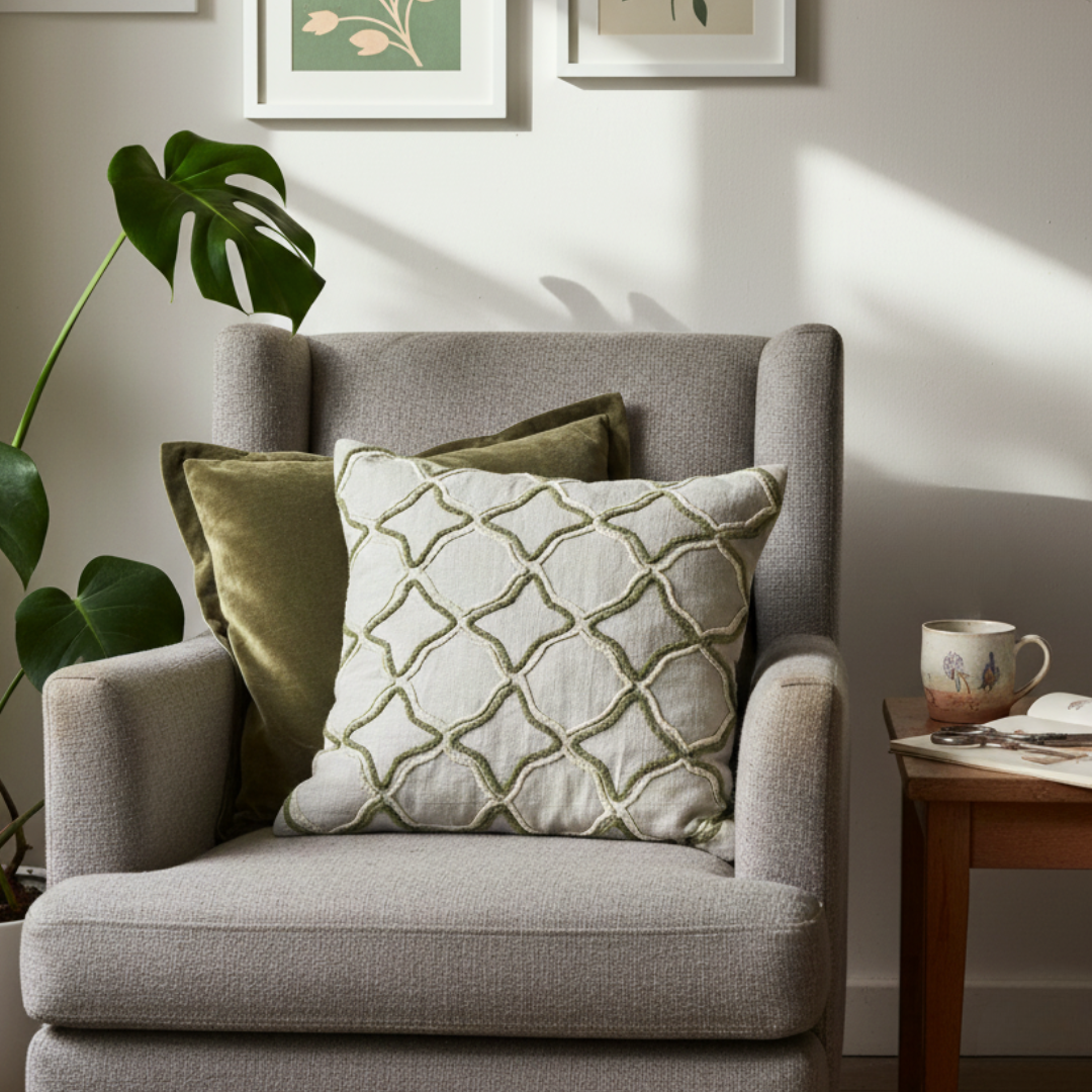 Lattice - Embroidered Cushion Cover on Textured Linen