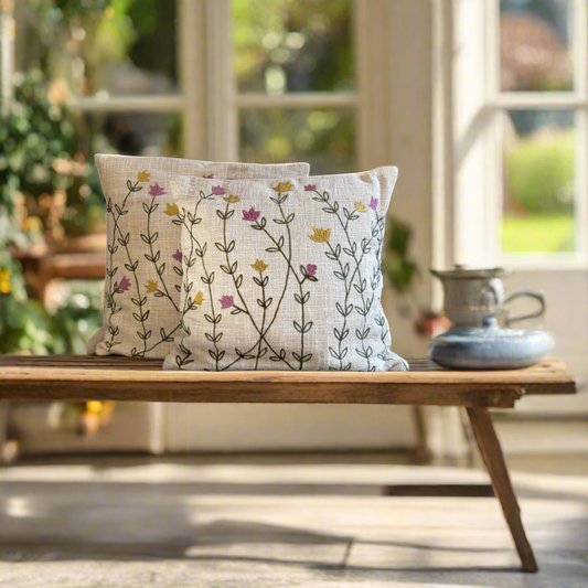 Wildflower Meadow - Embroidered Cushion Cover on Textured Cotton