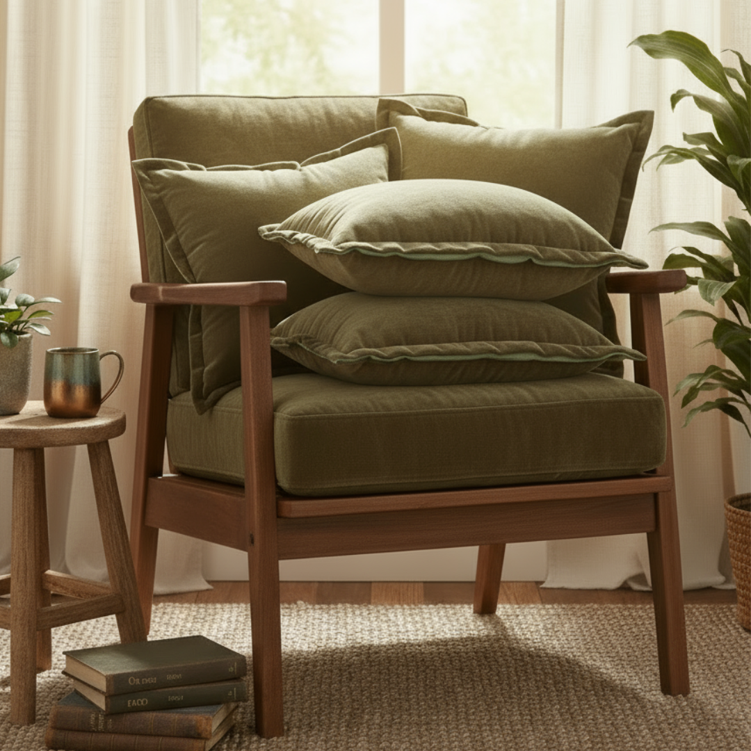 Wooden armchair with green cushions in a cozy room setting
