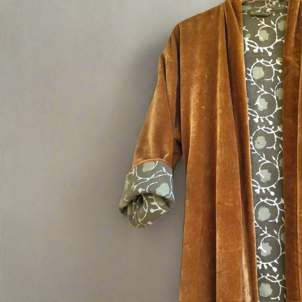 Cotton Velvet Dabu Kimono - Ochre Vine