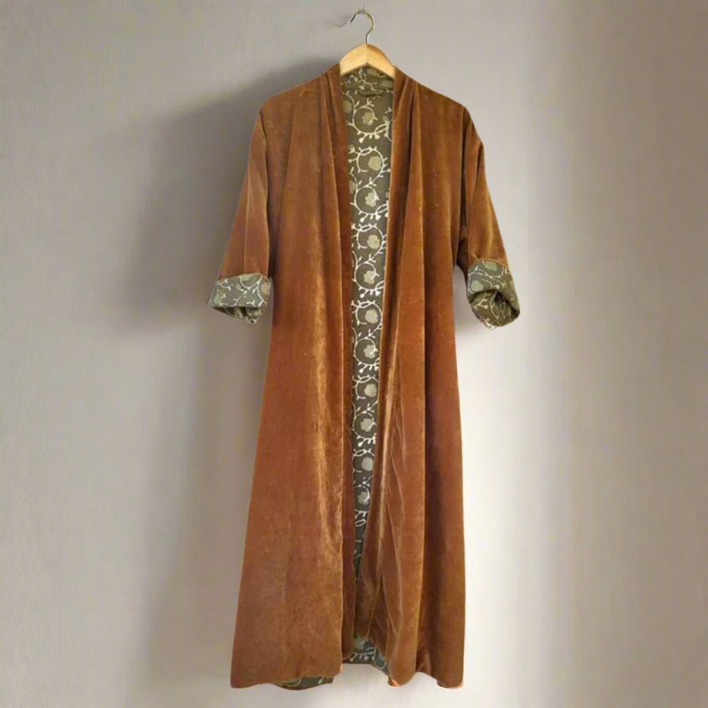Cotton Velvet Dabu Kimono - Ochre Vine