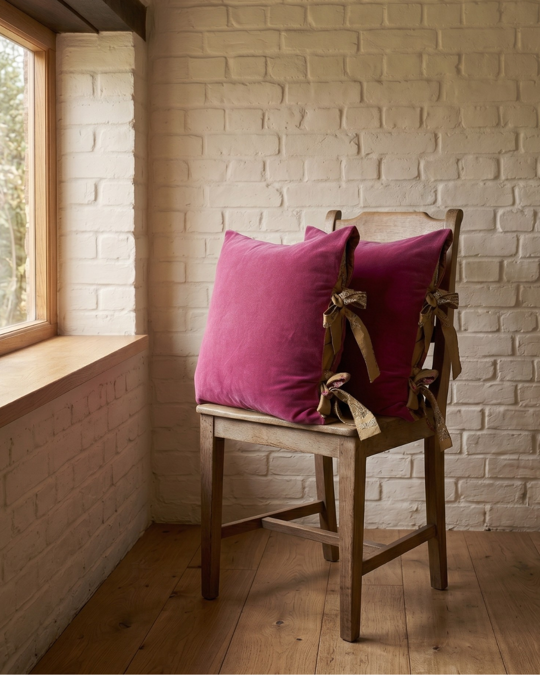 Wooden chair with 2 Berry pink  Velvet cushions with tie up closure against a white brick wall.