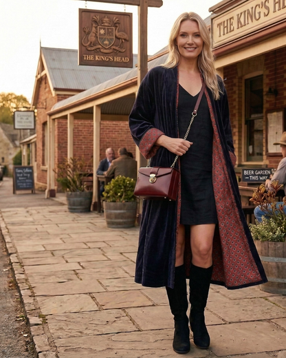 Charcoal Plum Velvet Kimono Coat - Reverse Dabu Cotton Inclusive