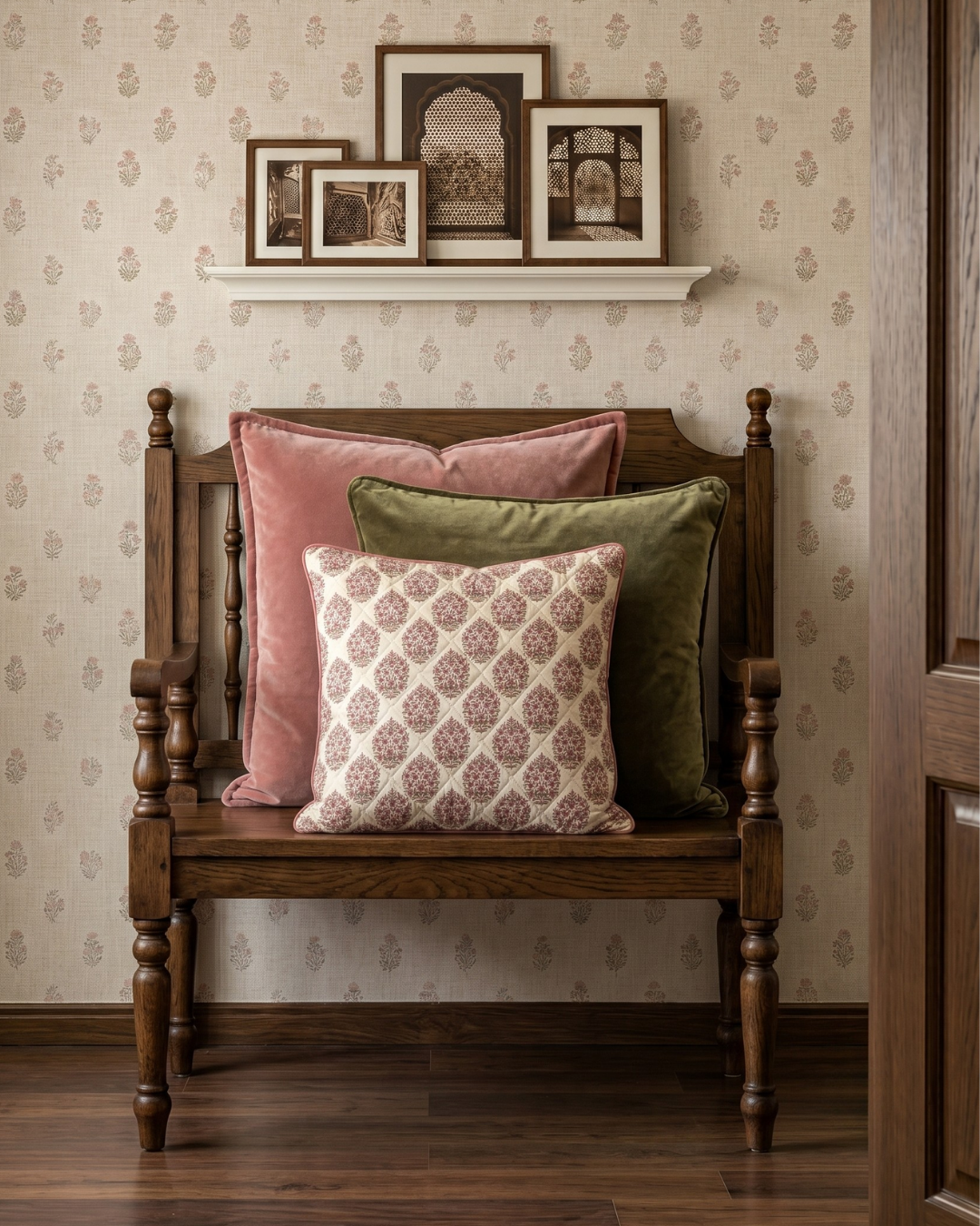Jaipore Blush Cushion Cover - Mughal Floral Motif on Quilted Cotton