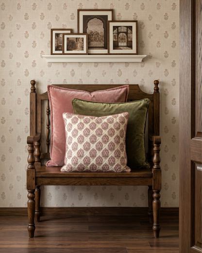 Jaipore Blush Cushion Cover - Mughal Floral Motif on Quilted Cotton