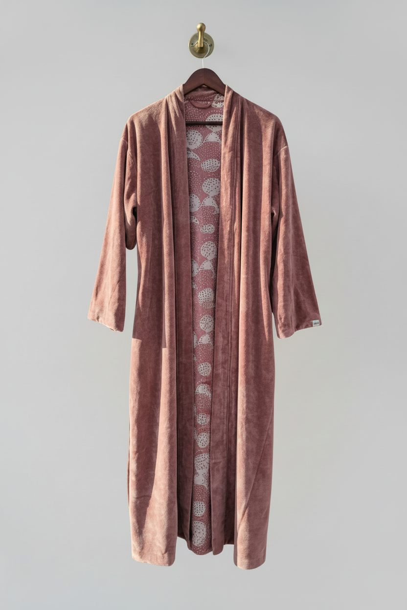 Long dusky pink cotton velvet robe on a hanger against a plain background