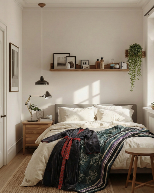 Charcoal Plum Kimono & Midnight Ode Throw on white sheets in a sunlit room