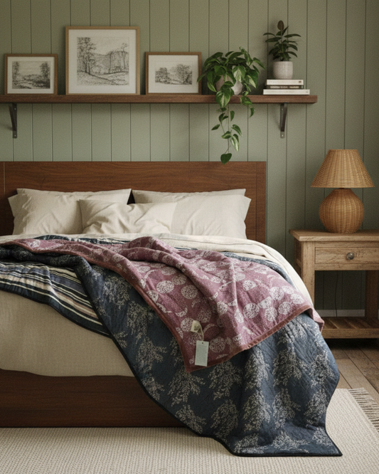 Cotton Velvet Dabu printed Quilt spread atop Midnight Ode Tree Quilt in soft cotton voille on white sheets